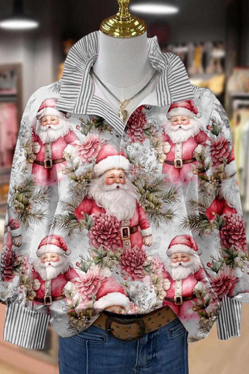 Vintage Christmas Santa Print Long Sleeve Top Casual Blouses