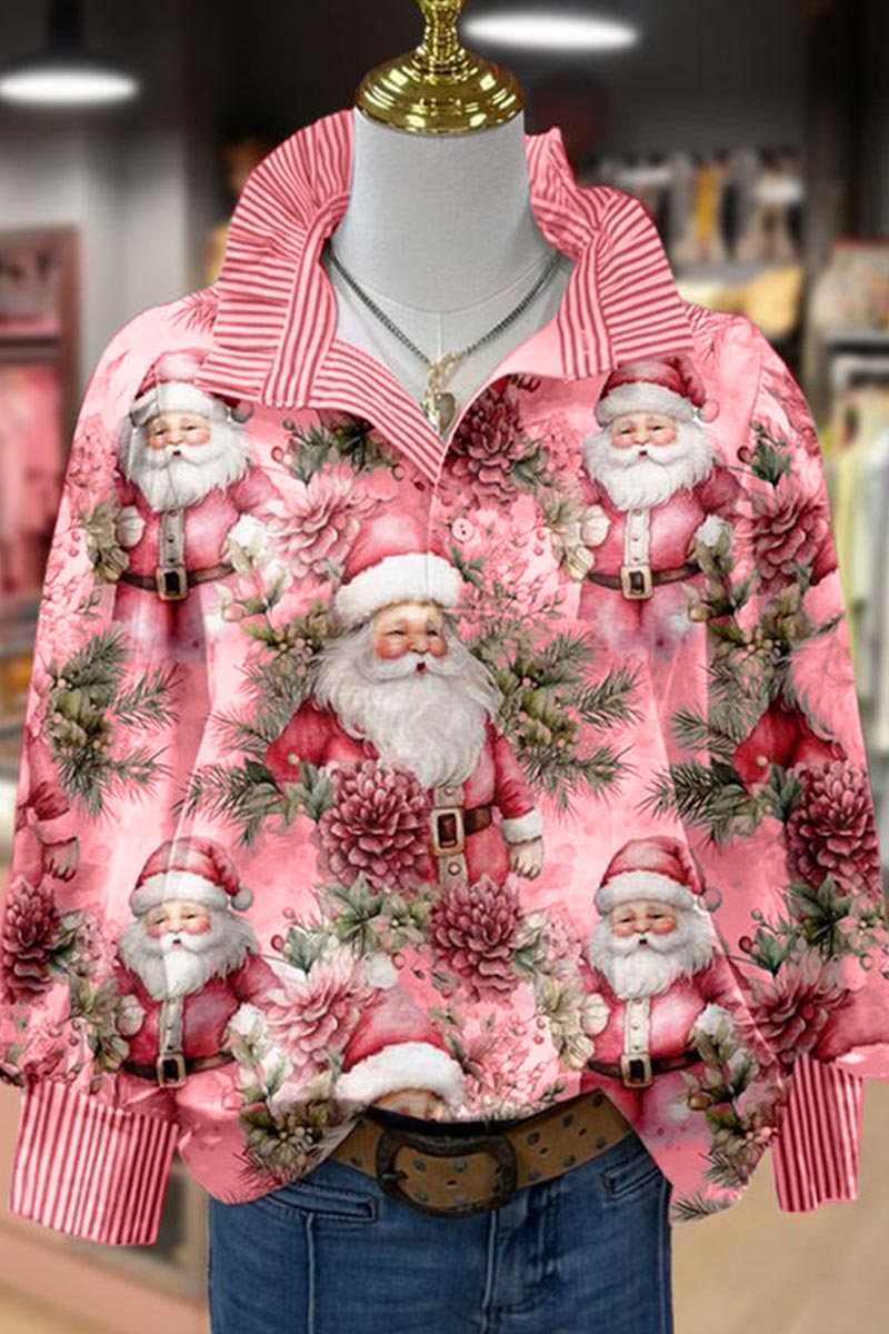 Vintage Christmas Santa Print Long Sleeve Top Casual Blouses