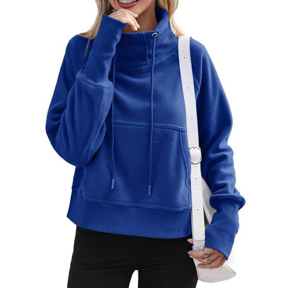 Women Fleece Lined High Neck Drawstring Sweatshirt Long Sleeve Pocket Pullover Top