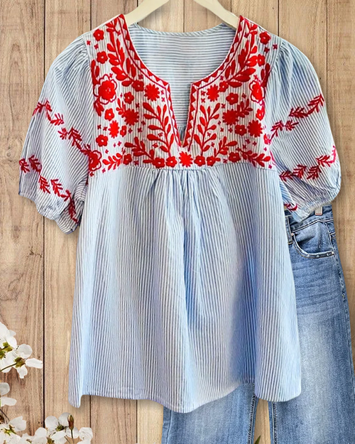 Bohemian Embroidered Striped Puff Sleeve Blouse