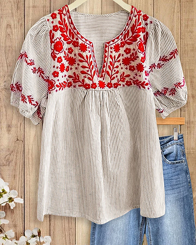 Bohemian Embroidered Striped Puff Sleeve Blouse