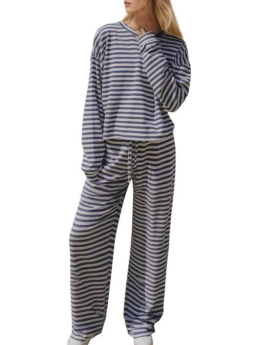 Women Striped 2 Piece Loungewear Set Crew Neck Top Wide Leg Pants