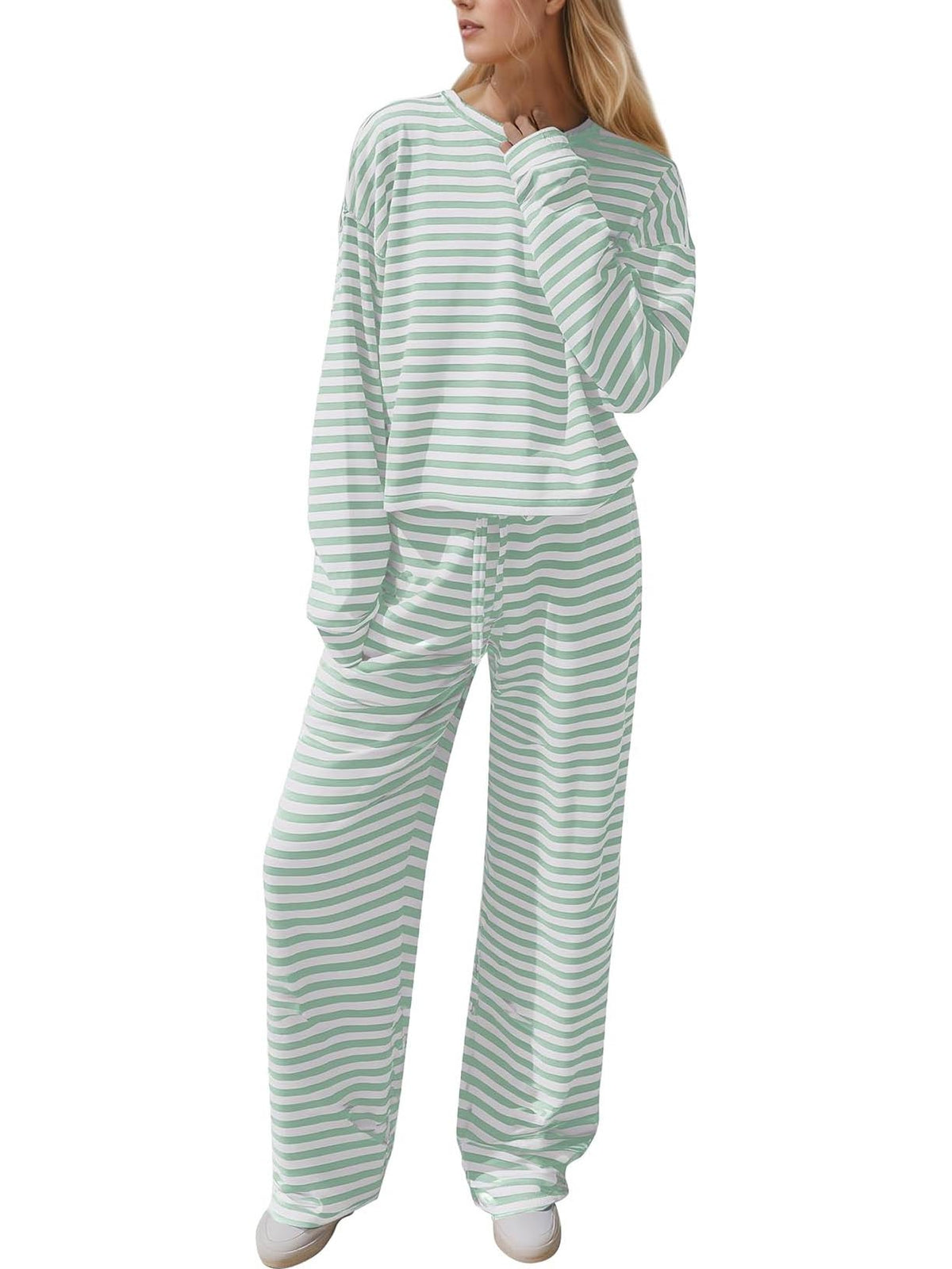 Women Striped 2 Piece Loungewear Set Crew Neck Top Wide Leg Pants