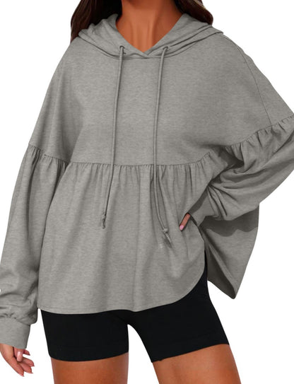 Women Drawstring Hoodie With Lantern Sleeves Peplum Hem