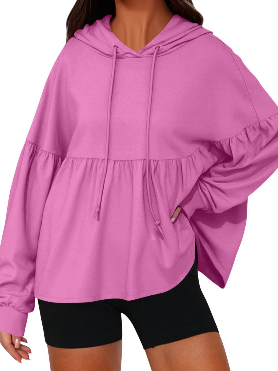 Women Drawstring Hoodie With Lantern Sleeves Peplum Hem
