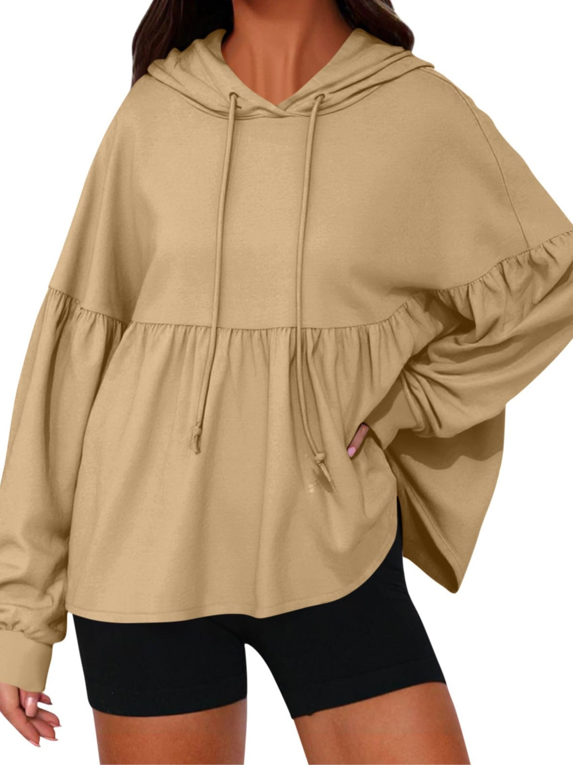 Women Drawstring Hoodie With Lantern Sleeves Peplum Hem