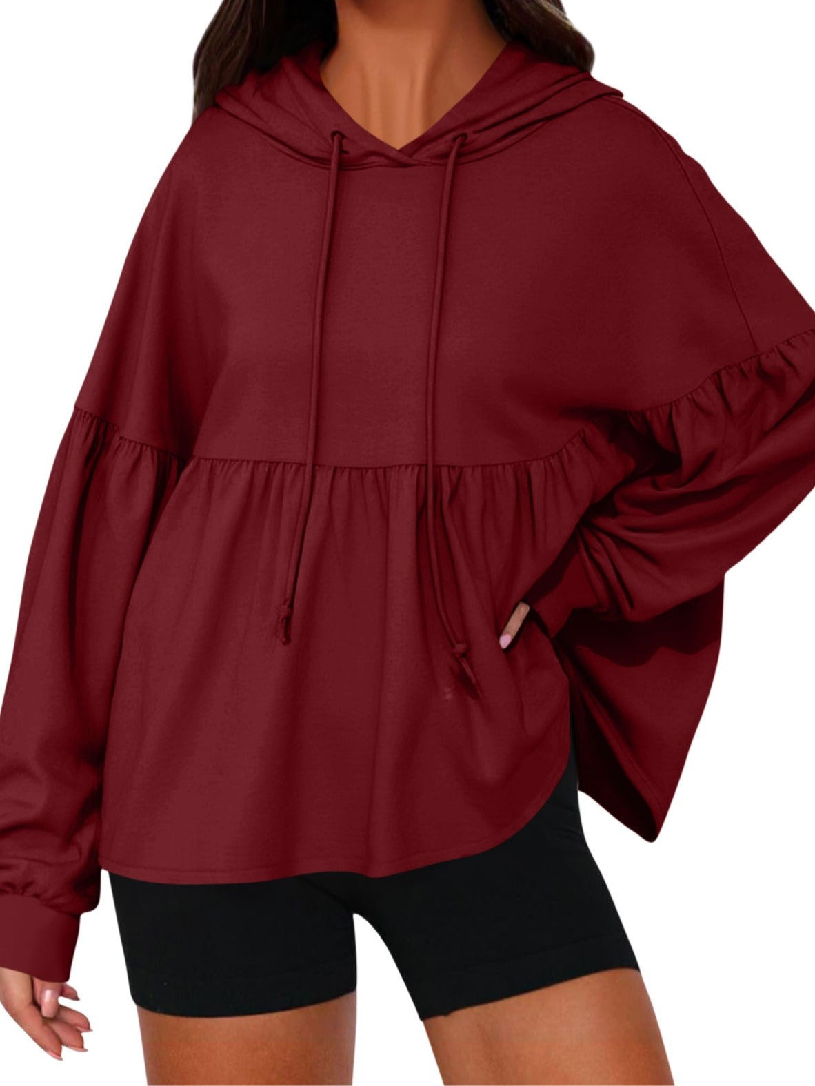 Women Drawstring Hoodie With Lantern Sleeves Peplum Hem