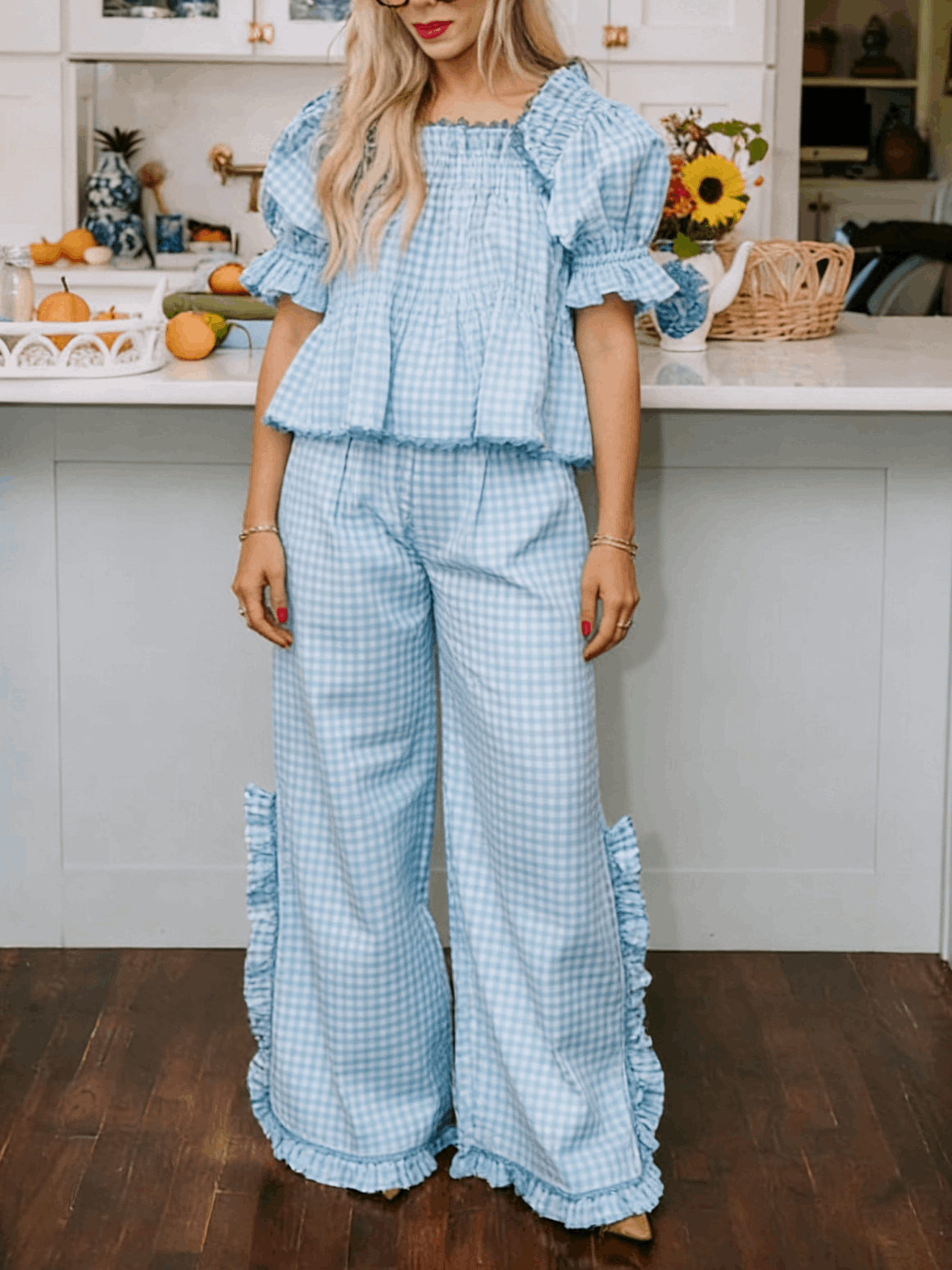 ✨Women's Christmas Plaid Ruffle Puff Sleeve Pajamas Set