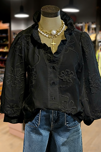 Embroidered Flower Ruffle Neck Puff Sleeve Top