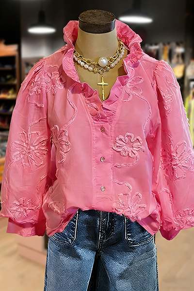 Embroidered Flower Ruffle Neck Puff Sleeve Top