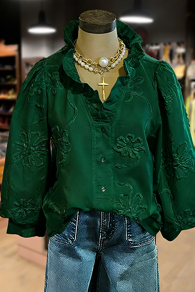 Embroidered Flower Ruffle Neck Puff Sleeve Top