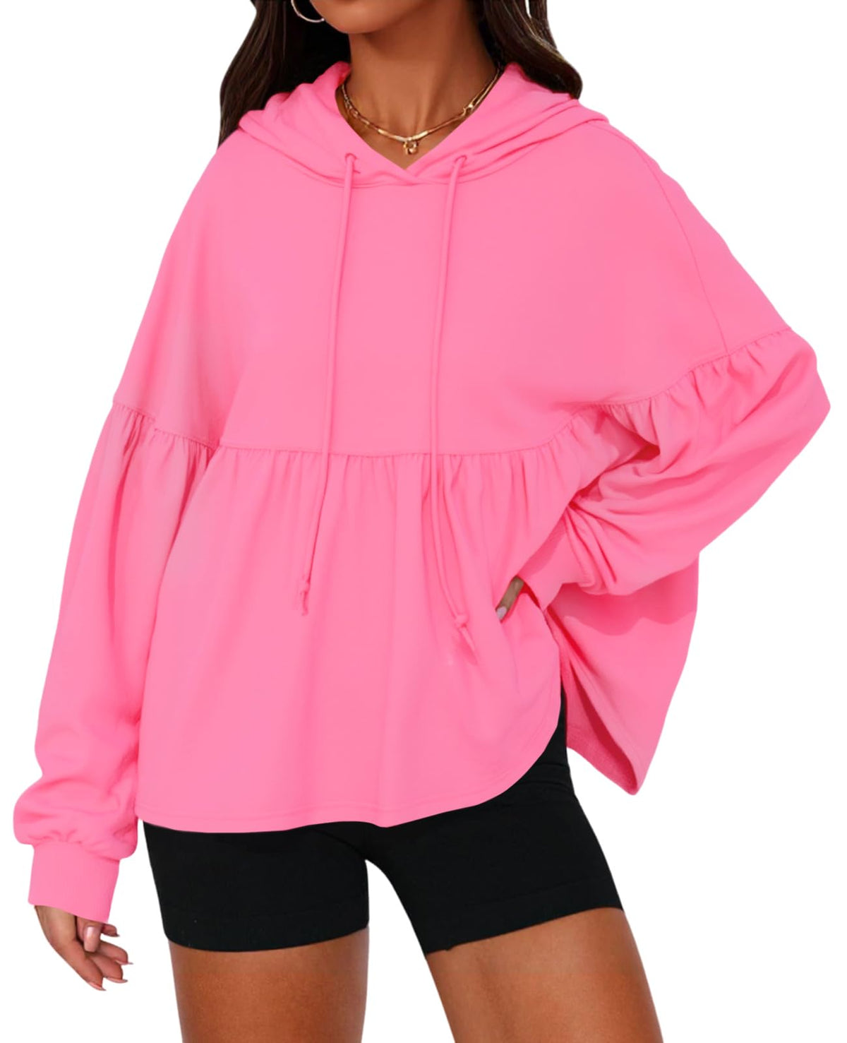 Women Drawstring Hoodie With Lantern Sleeves Peplum Hem