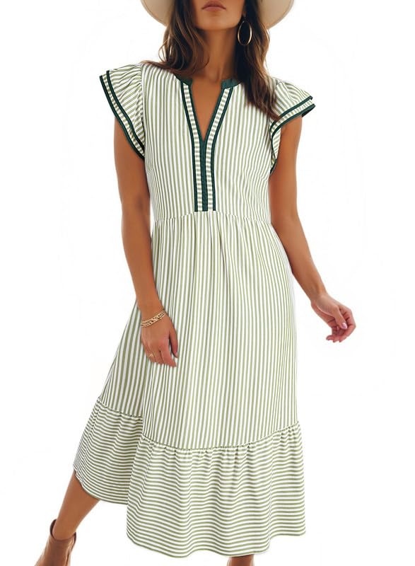 ⏰Hot Sale-Womens V-Neck Ruffle Striped Beach Midi Maxi Dress with Pockets