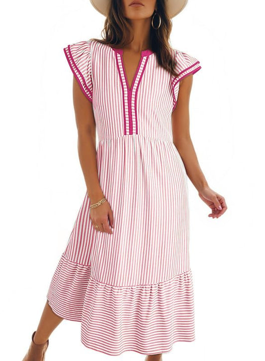 Limited time sale🔥Women's V-Neck Ruffle Striped Beach Midi Maxi Dress with Pockets