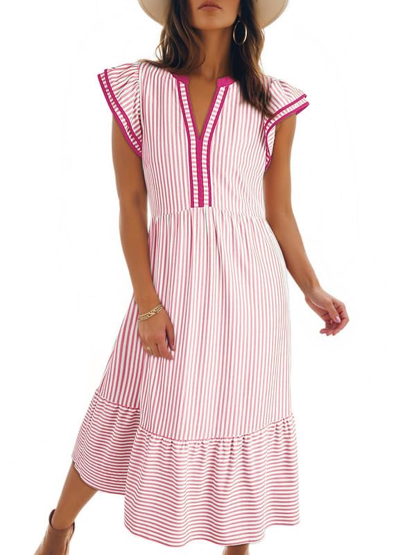 Limited time sale🔥Women's V-Neck Ruffle Striped Beach Midi Maxi Dress with Pockets