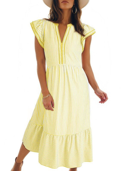 ⏰Hot Sale-Womens V-Neck Ruffle Striped Beach Midi Maxi Dress with Pockets