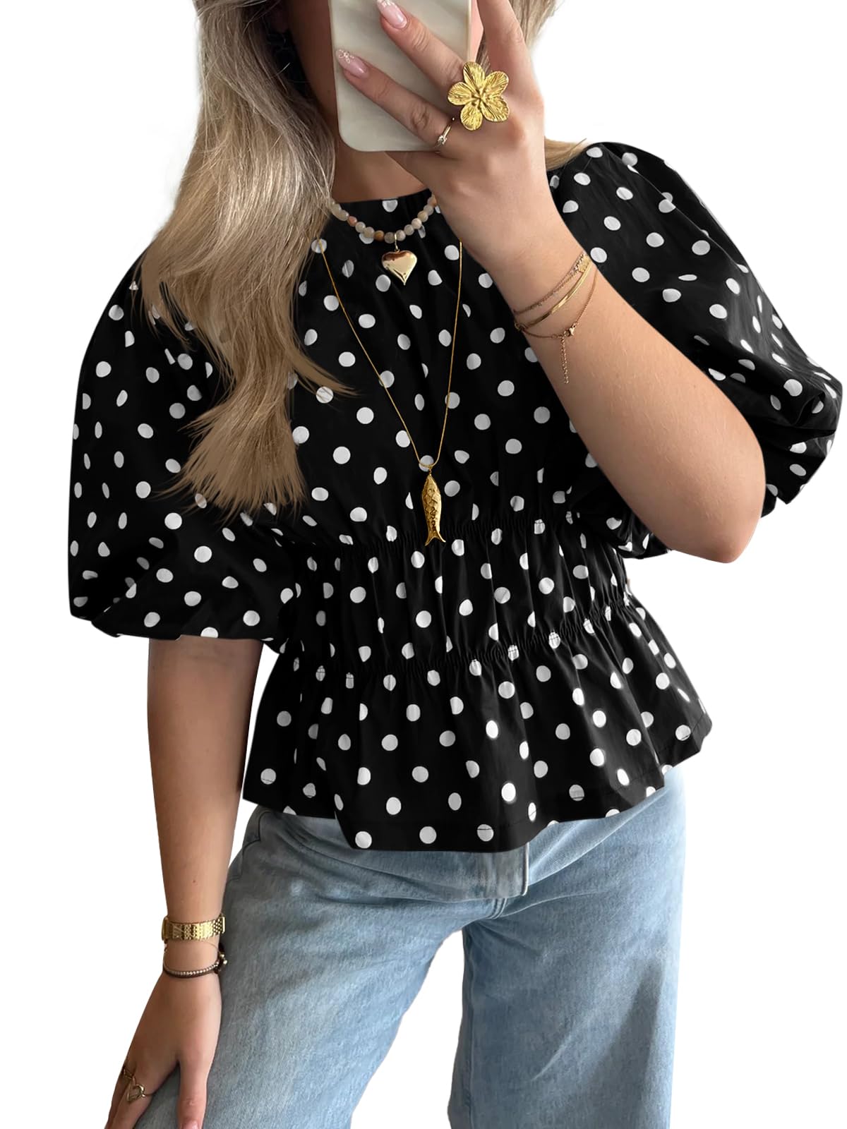✨Womens Polka Dots Peplum Puff Short Sleeve Tops