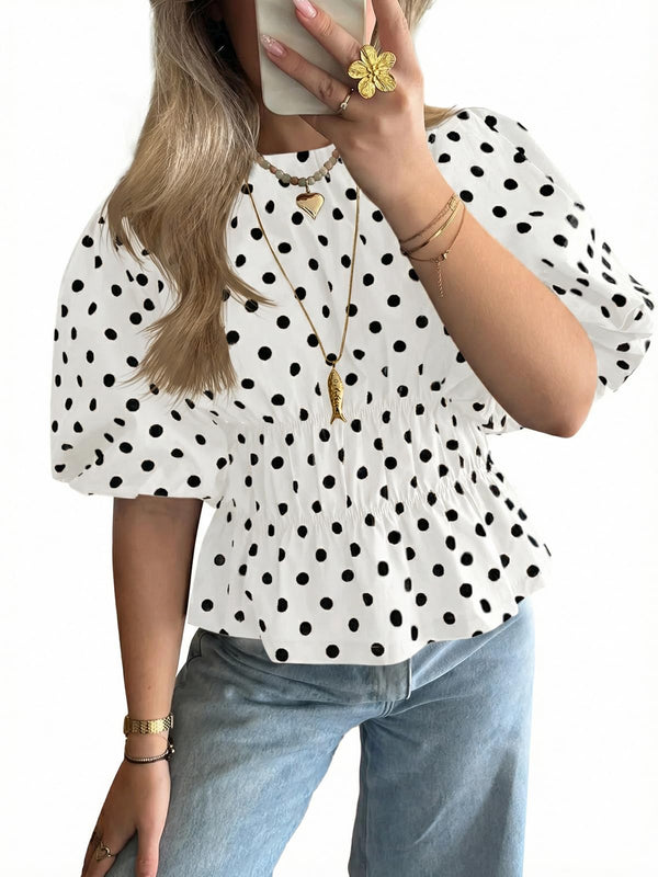 Womens Polka Dots Peplum Puff Short Sleeve Tops