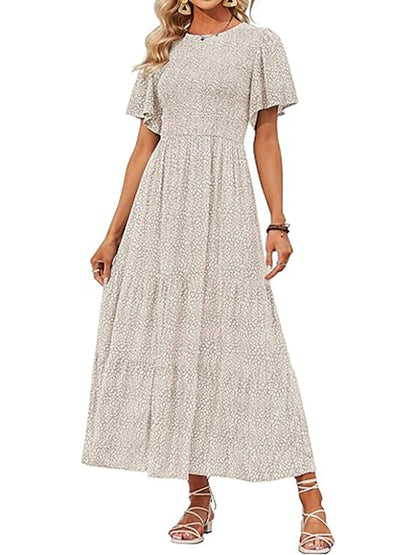 Women's Casual Floral Print Short Flutter Sleeve Smocked High Waist Flowy Maxi Dress