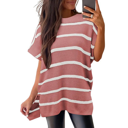 Limited time sale🔥Women Crew Neck Loose Stripe Knit Tee with Side Split Hem