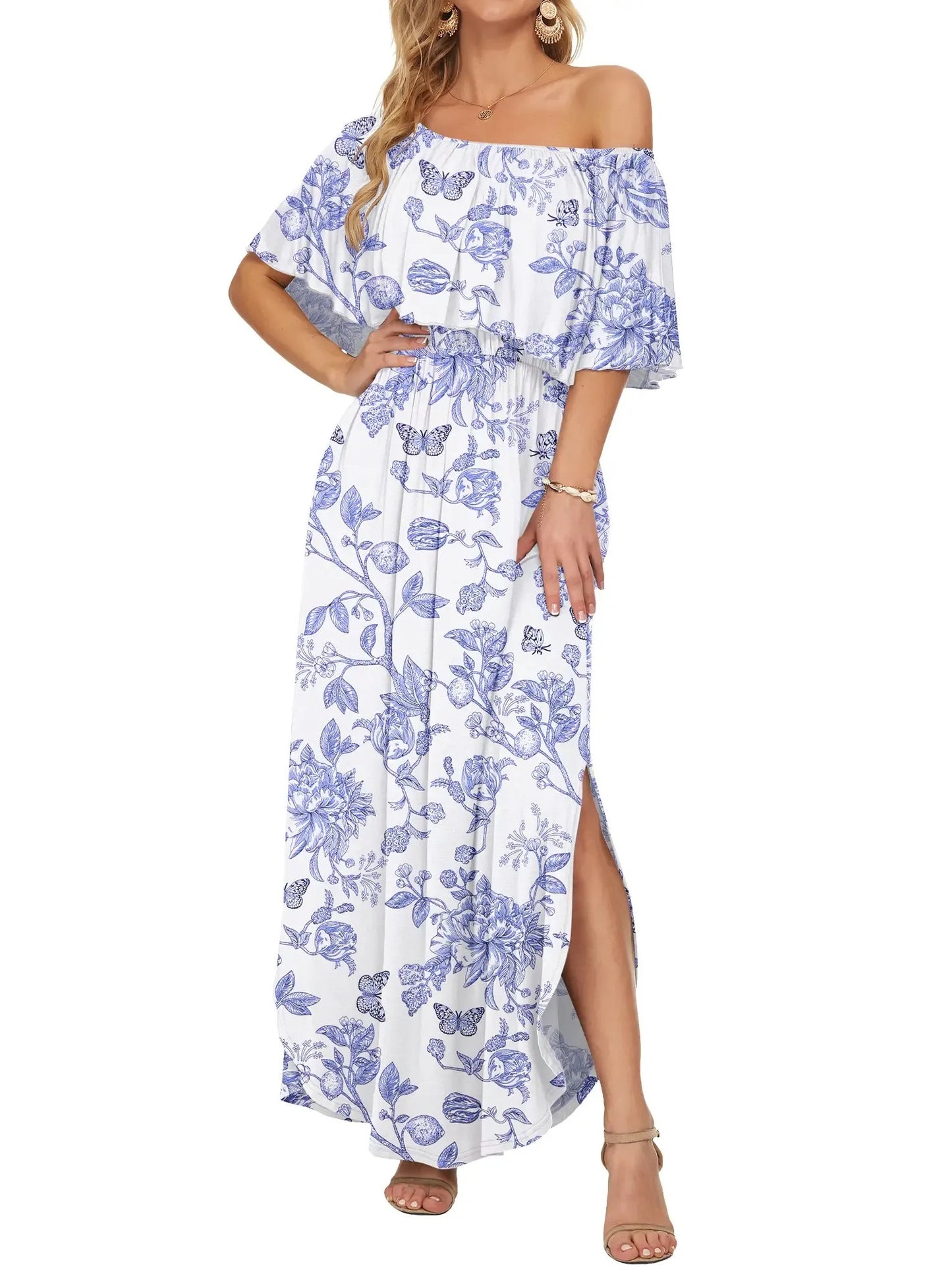 Limited time sale🔥Women's Off-Shoulder Floral Maxi Dress with Pockets & Side Slit