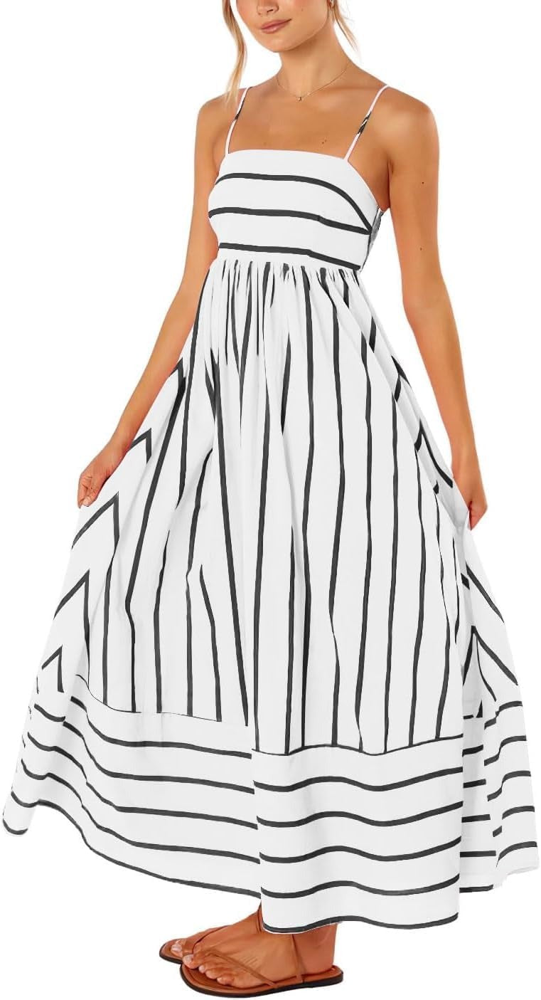 Women's striped backless pleated halter-neck cutout flowy A-line maxi dress
