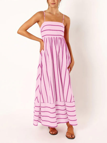 Women's striped backless pleated halter-neck cutout flowy A-line maxi dress