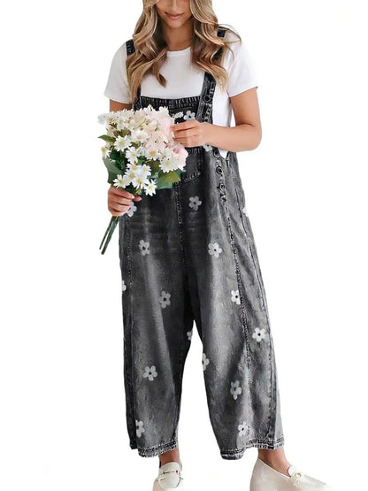 Women's Spring Style Printed Denim Overalls