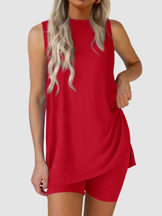 Women Summer Matching 2 Piece Outfit Split Hem Top & Shorts Set