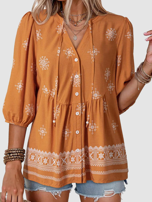 Women's Boho Floral V-Neck Button-Down Peplum Blouse