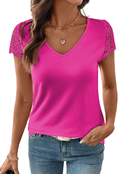 Women V Neck T-Shirt Hollow Lace Cap Short Sleeve Loose Top