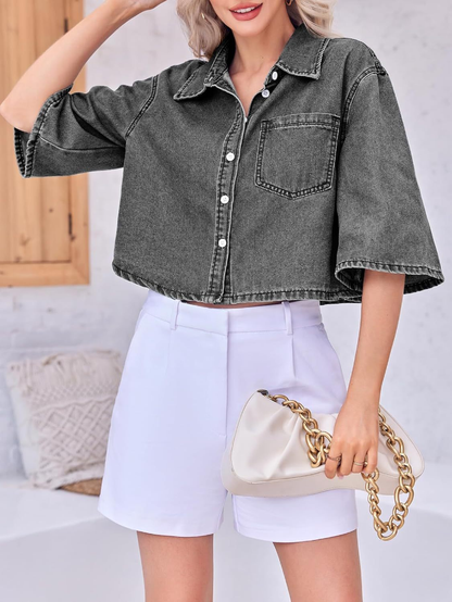 Women Half Sleeve Button Down Lapel Casual Cropped Denim Tops