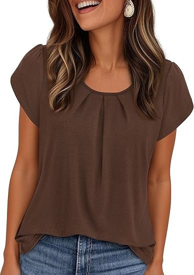 Women Short Sleeve Crew Neck Pleated T Shirts  Casual Top