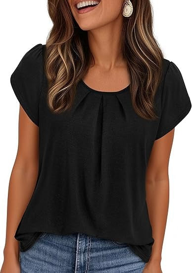 Women Short Sleeve Crew Neck Pleated T Shirts  Casual Top