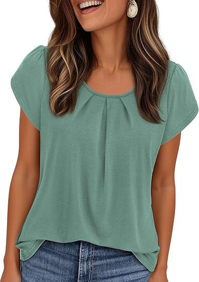 Women Short Sleeve Crew Neck Pleated T Shirts  Casual Top