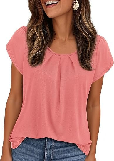 Women Short Sleeve Crew Neck Pleated T Shirts  Casual Top