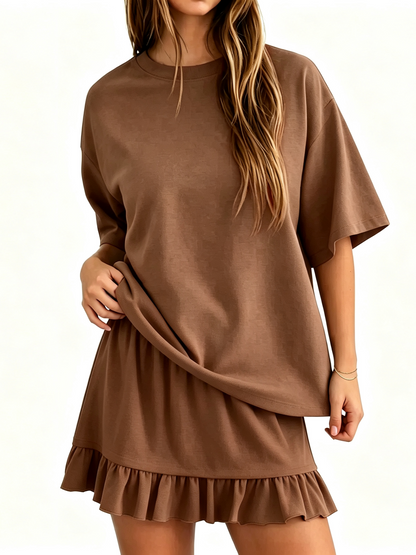 Summer Relaxed Fit Ruffle Hem Short Two Piece Outfit Set