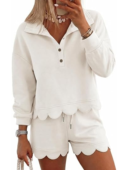 Women Scalloped Hem Half Button Polo Long Sleeve Top & Drawstring Shorts Two Piece Set
