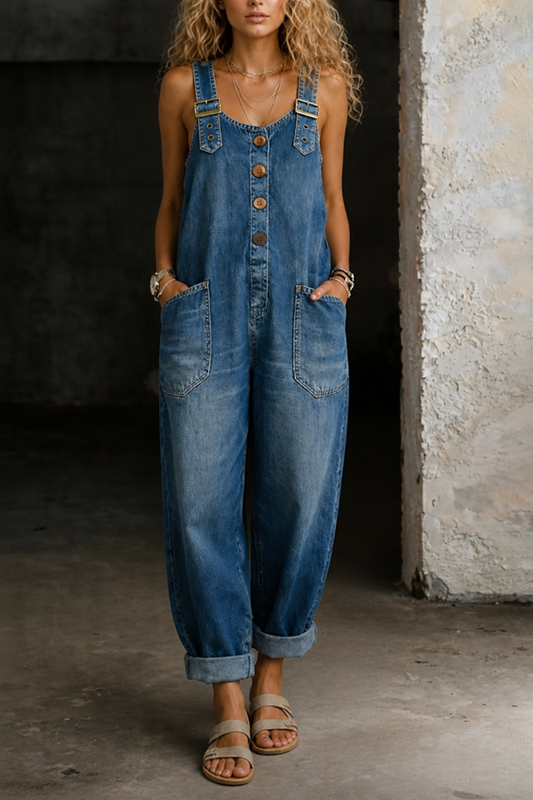 Womens Vintage Loose Wide Leg Jean Bib Overalls
