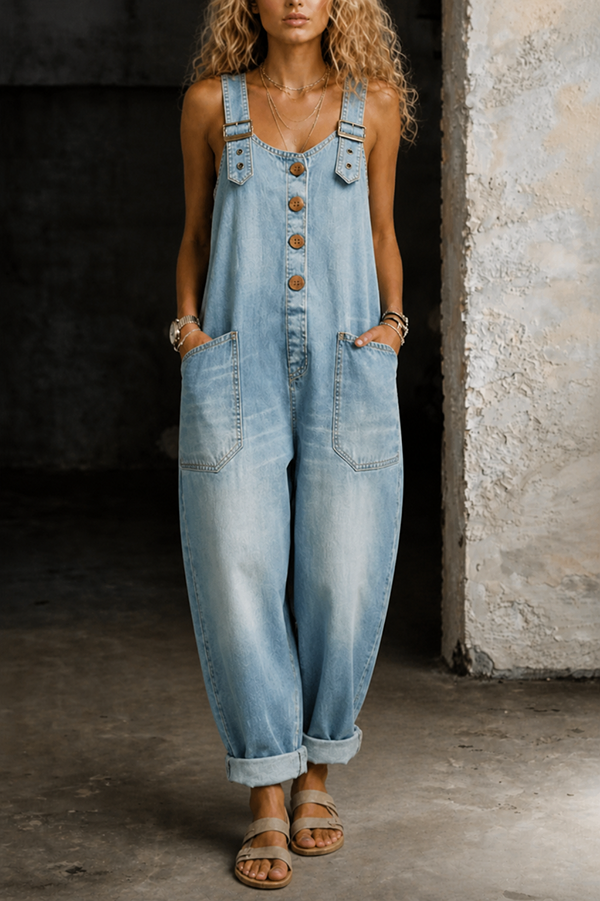 Womens Vintage Loose Wide Leg Jean Bib Overalls