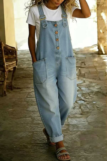 Womens Vintage Loose Wide Leg Jean Bib Overalls