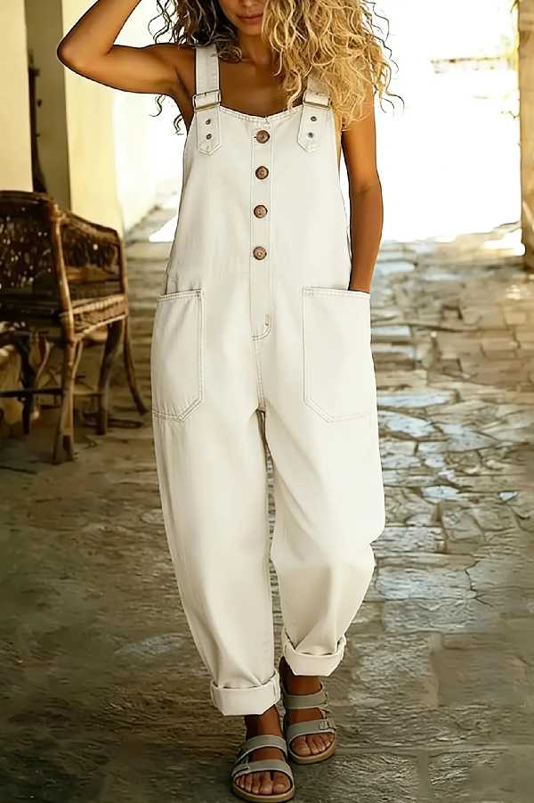Womens Vintage Loose Wide Leg Jean Bib Overalls