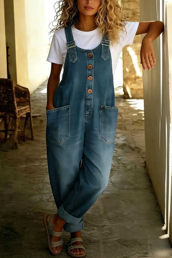 Womens Vintage Loose Wide Leg Jean Bib Overalls