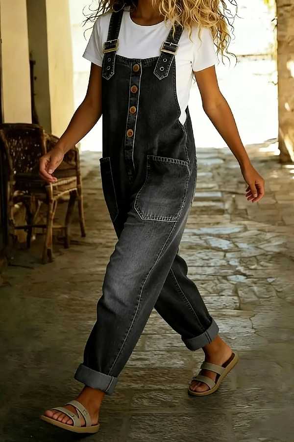 Womens Vintage Loose Wide Leg Jean Bib Overalls