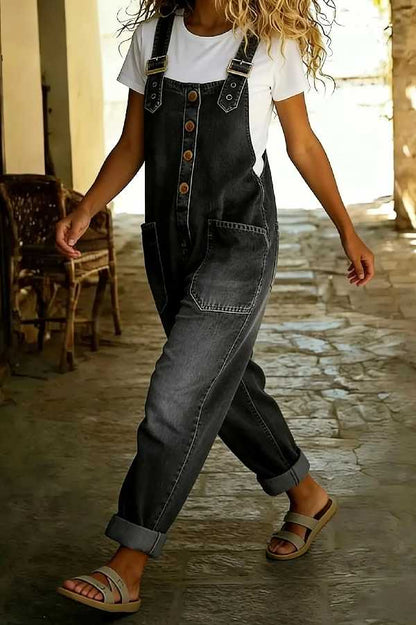 Womens Vintage Loose Wide Leg Jean Bib Overalls