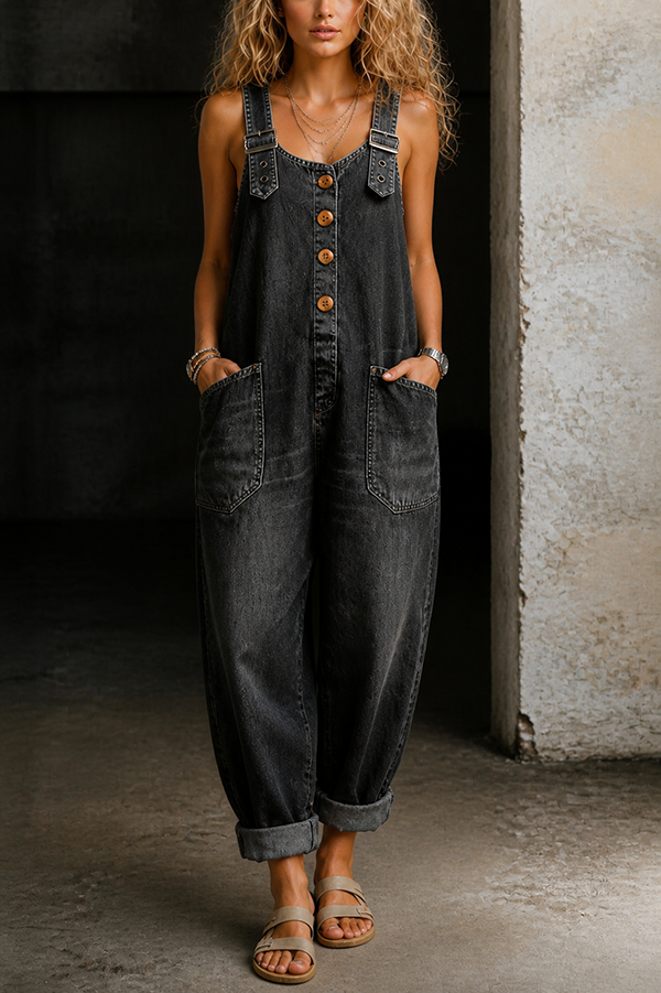 Womens Vintage Loose Wide Leg Jean Bib Overalls