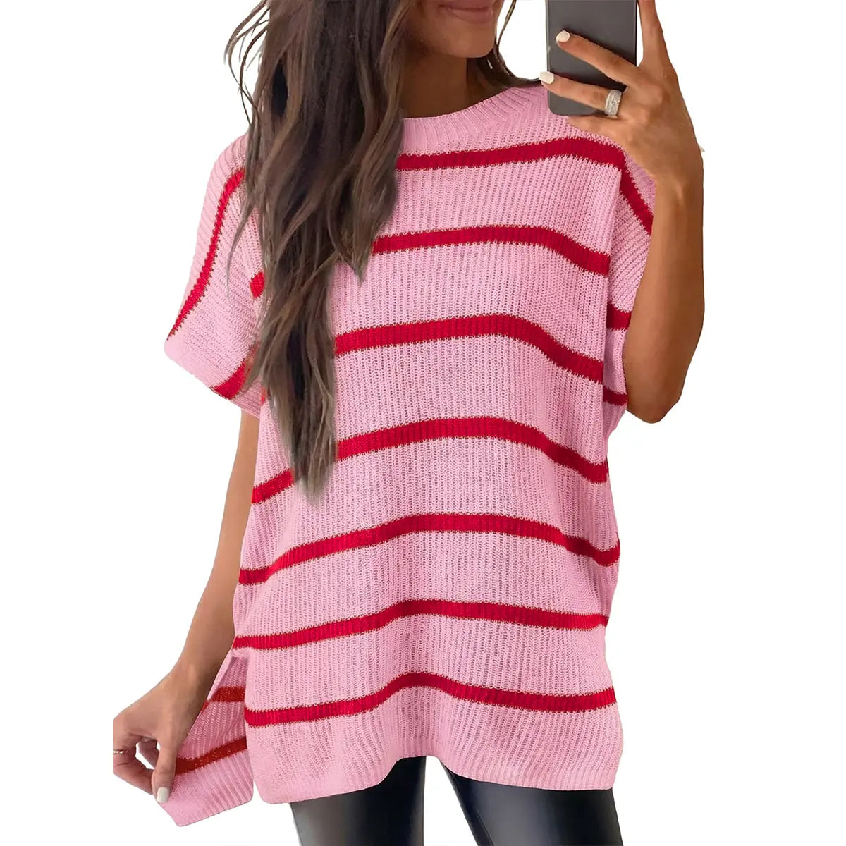 Limited time sale🔥Women Crew Neck Loose Stripe Knit Tee with Side Split Hem