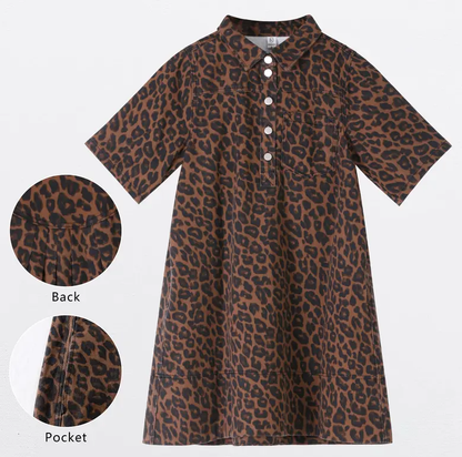 Women Collar Half Button  Loose Denim Shirt Dress With Pocket