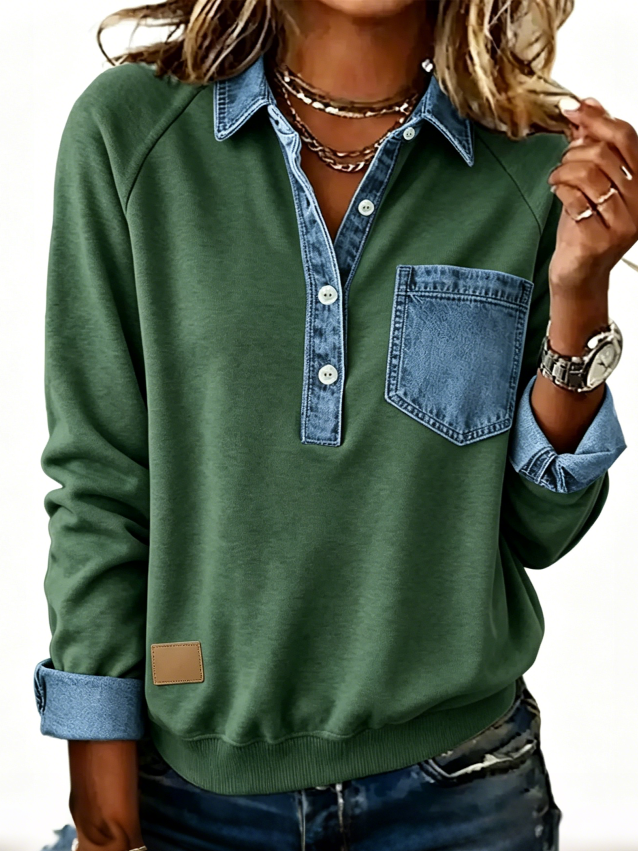 Women Denim Collar Patchwork Half Button Raglan Sleeve Loose Pocket Sweatshirt