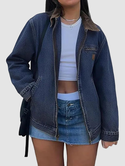 Women Zipper Collared Denim Barn Jacket